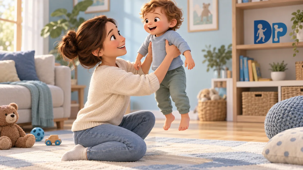 A mother lifting her child with support under the armpits and around the trunk, without pulling the hands or wrists.