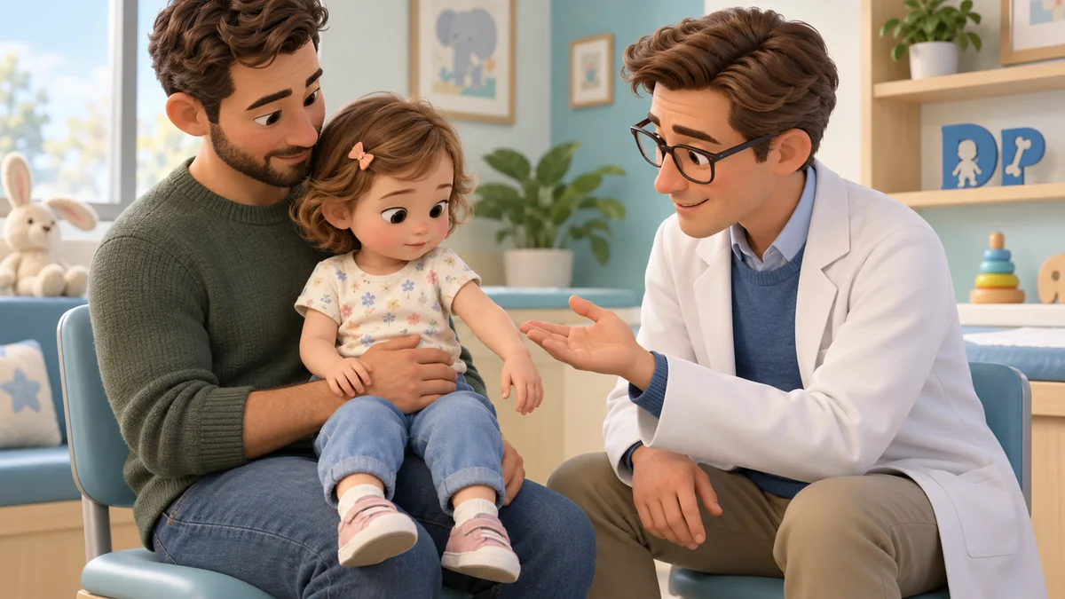 A child on the father's lap during assessment of the arm; the doctor is not performing a reduction manoeuvre.
