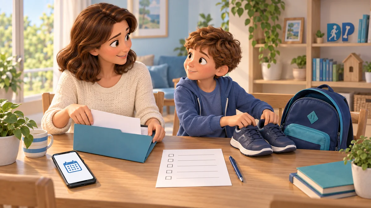 Illustrazione di un genitore e un bambino che preparano documenti, domande e scarpe di uso quotidiano per la visita.