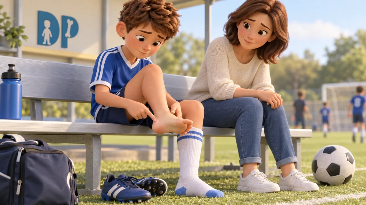 A child seated at the side of a sports pitch pointing to a painful heel, with the mother nearby.