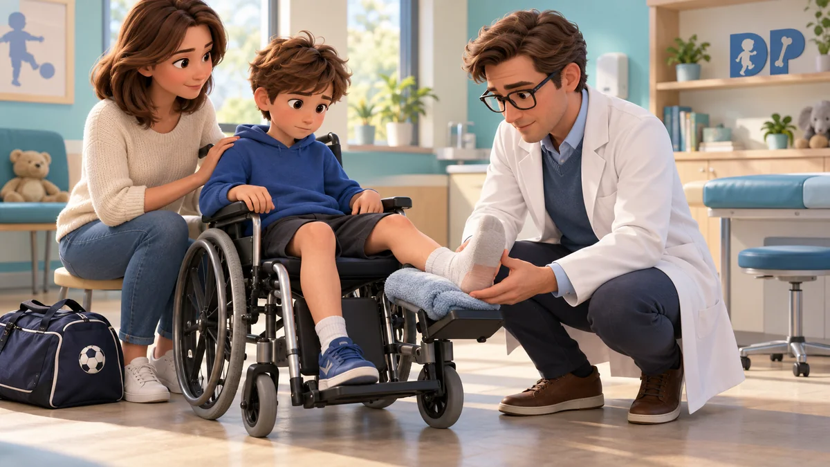 Bambino in carrozzina con il piede sostenuto mentre il medico valuta il dolore al tallone.