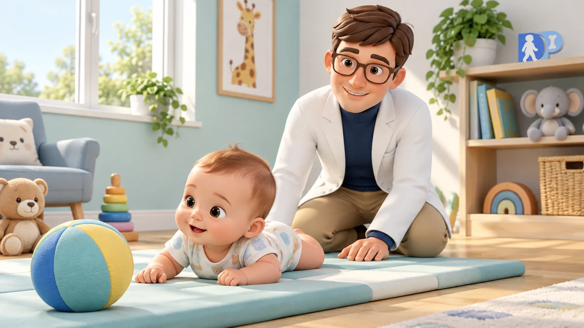 An awake infant on their tummy on a mat, closely supervised by the doctor.