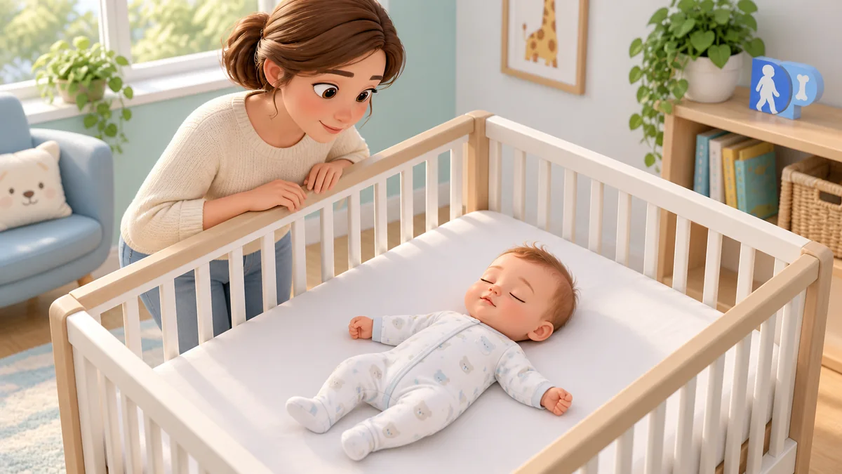 An infant sleeping on their back in a cot with a flat mattress and fitted sheet, without pillows or objects.