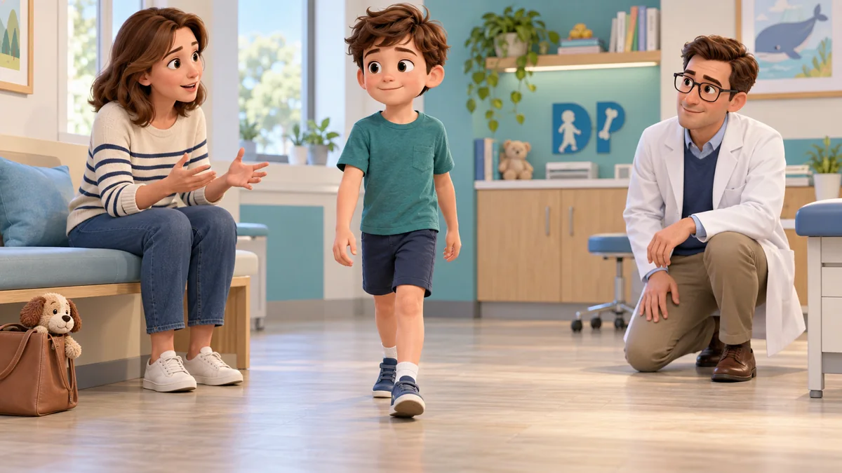 Bambino che cammina verso l'osservatore mentre madre e medico ne osservano la funzione.