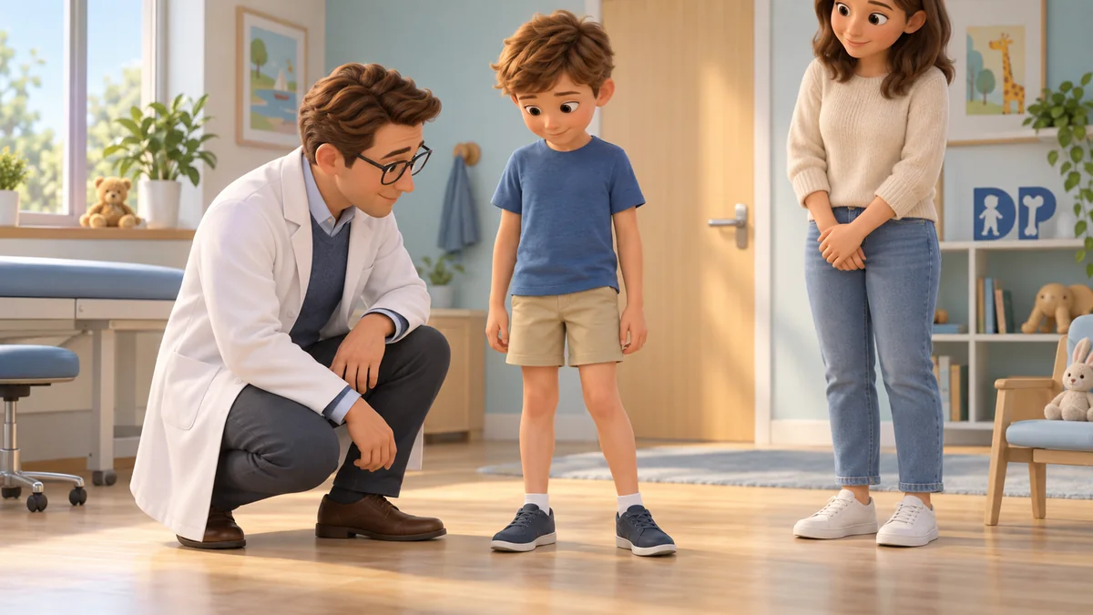 A doctor observing the overall alignment of a standing child's legs without manipulating them.