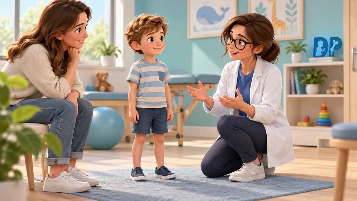 Fisioterapista che spiega alla famiglia l'allineamento degli arti senza ruotare o forzare i piedi del bambino.